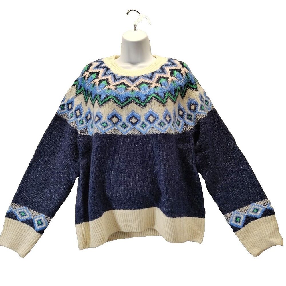 Old Navy Women Sz L Sweater Fair Isle Navy Blue Crew Neck Cabincore Heritage